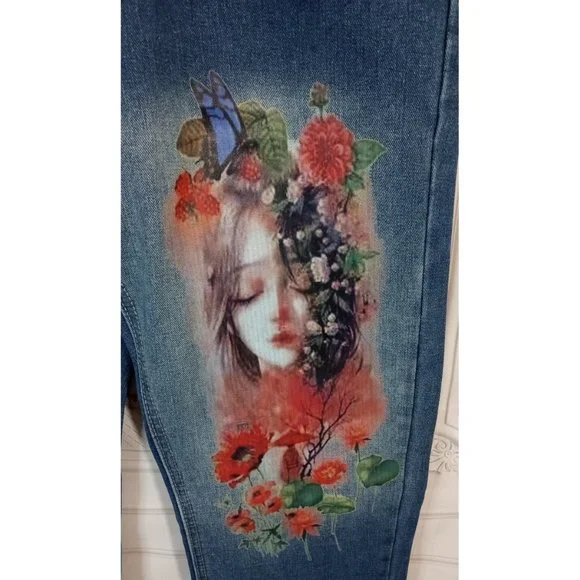 MissLook Women's High Waist Printed Floral Blue Jeans  Raw Hem Sz Medium - Picture 3 of 8